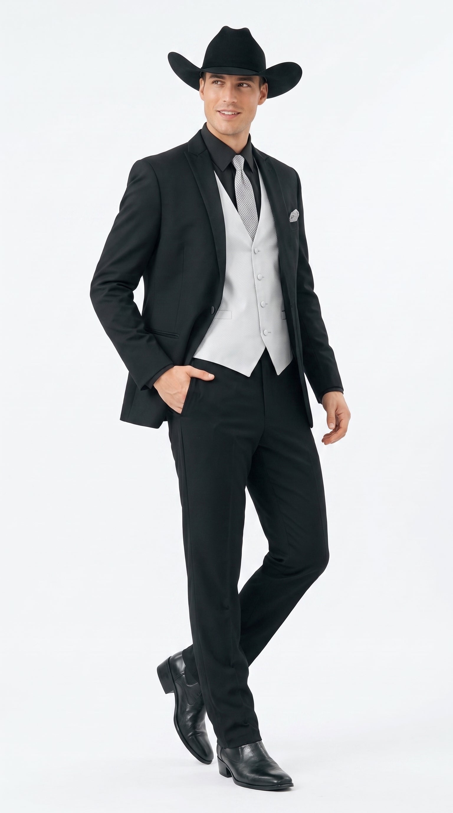 Men’s Black Country Wedding Tuxedo with Silver Vest, Western Formal Groom Suit