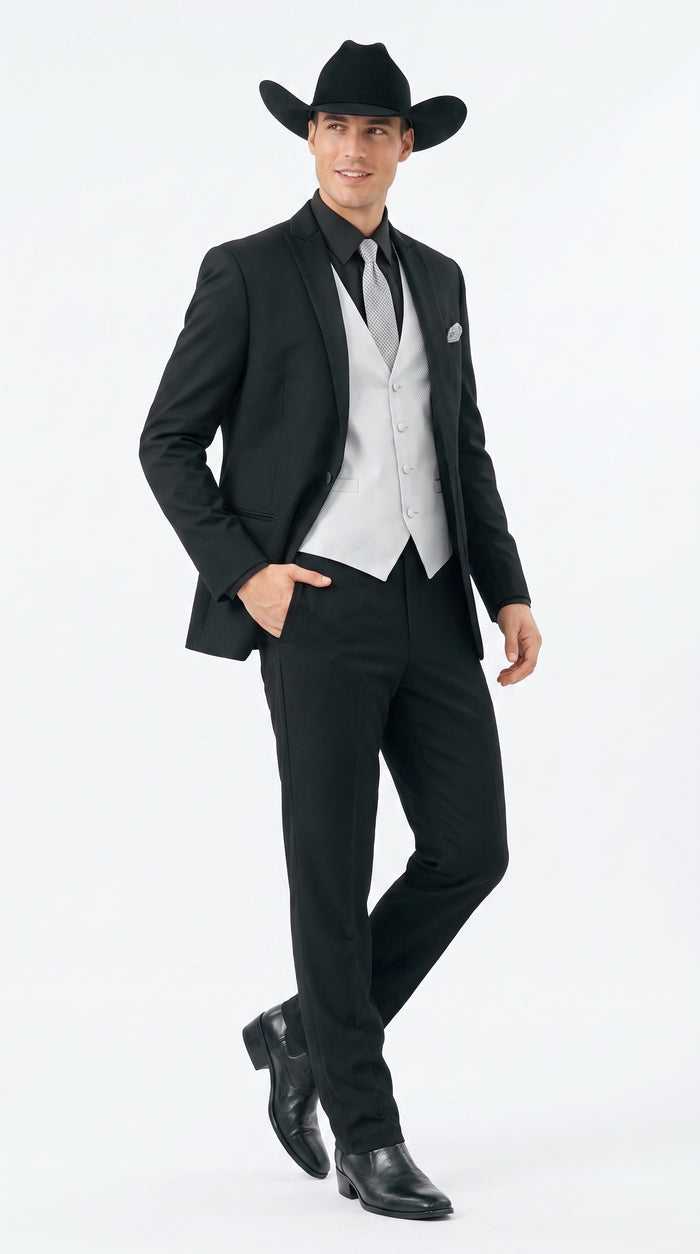 Men’s Black Country Wedding Tuxedo with White Vest, Western Formal Groom Suit