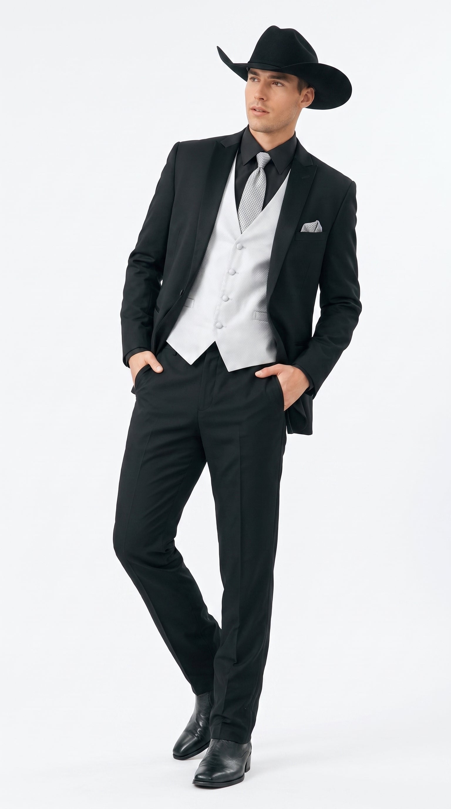 Men’s Black Country Wedding Tuxedo with Silver Vest, Western Formal Groom Suit