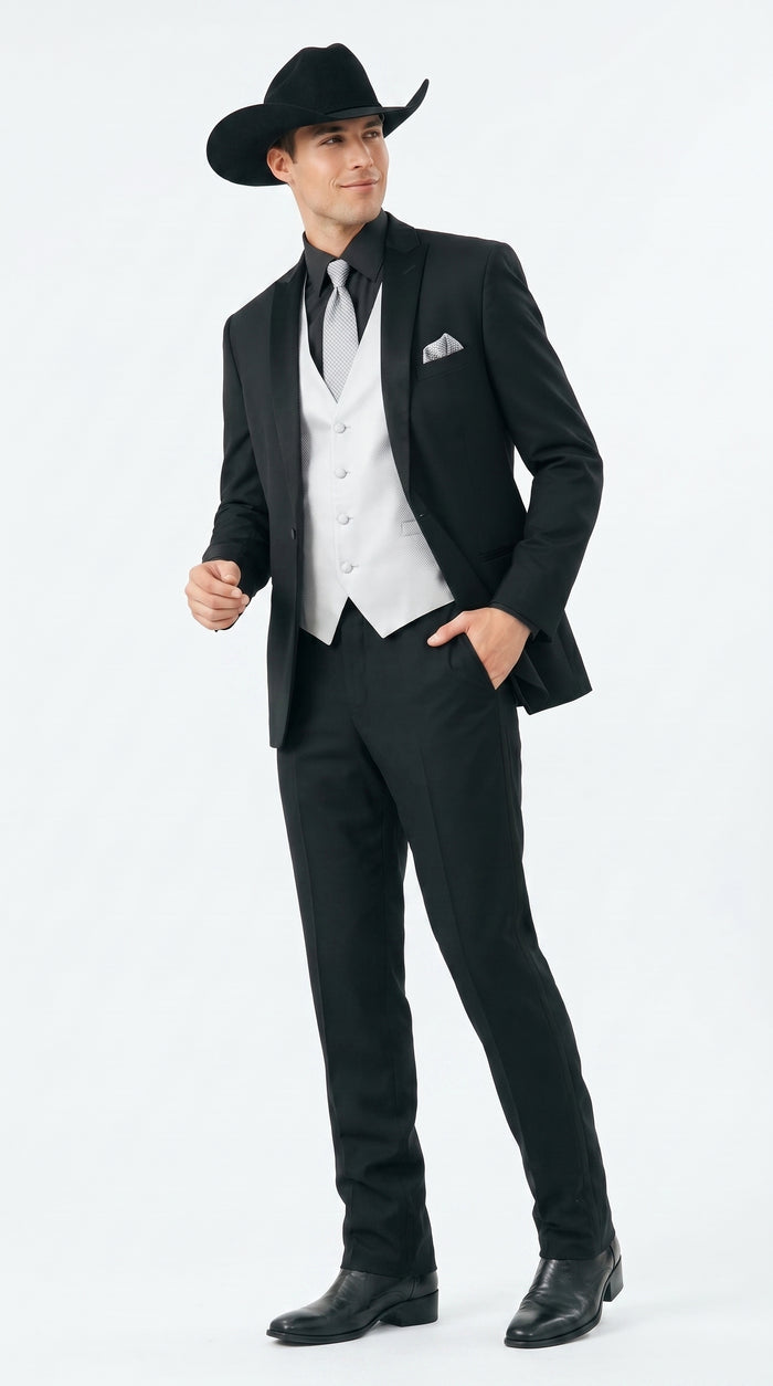 Men’s Black Country Wedding Tuxedo with White Vest, Western Formal Groom Suit