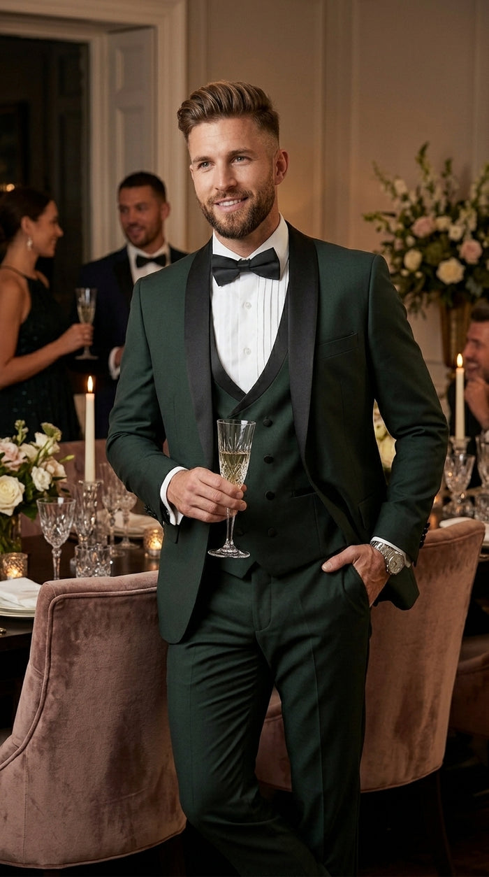 Men’s Hunter Green Vested Tuxedo Suit with Black Trim Shawl Lapel, Wedding Prom Formal Suit Set