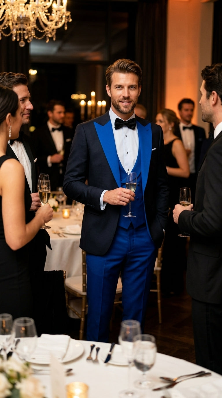 Men’s Black and Royal Blue 100% Wool Vested Tuxedo Suit with Peak Lapel, Wedding Prom Formal Suit Set