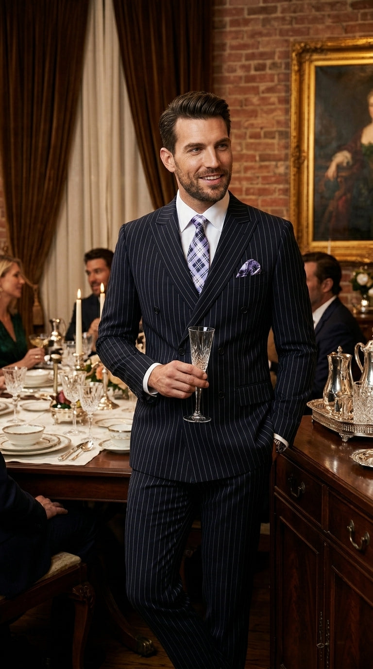Men’s Navy Pinstripe Double Breasted Suit, Statement Formal Wedding Business Dress Suit