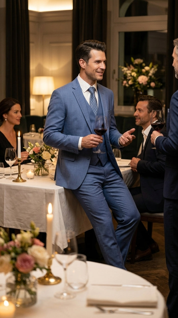 Men’s Steel Blue 3 Piece Prom Suit, Dusty Blue Vested Wedding Formal Suit Set