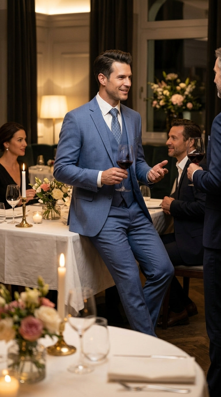 Men’s Steel Blue 3 Piece Prom Suit, Dusty Blue Vested Wedding Formal Suit Set