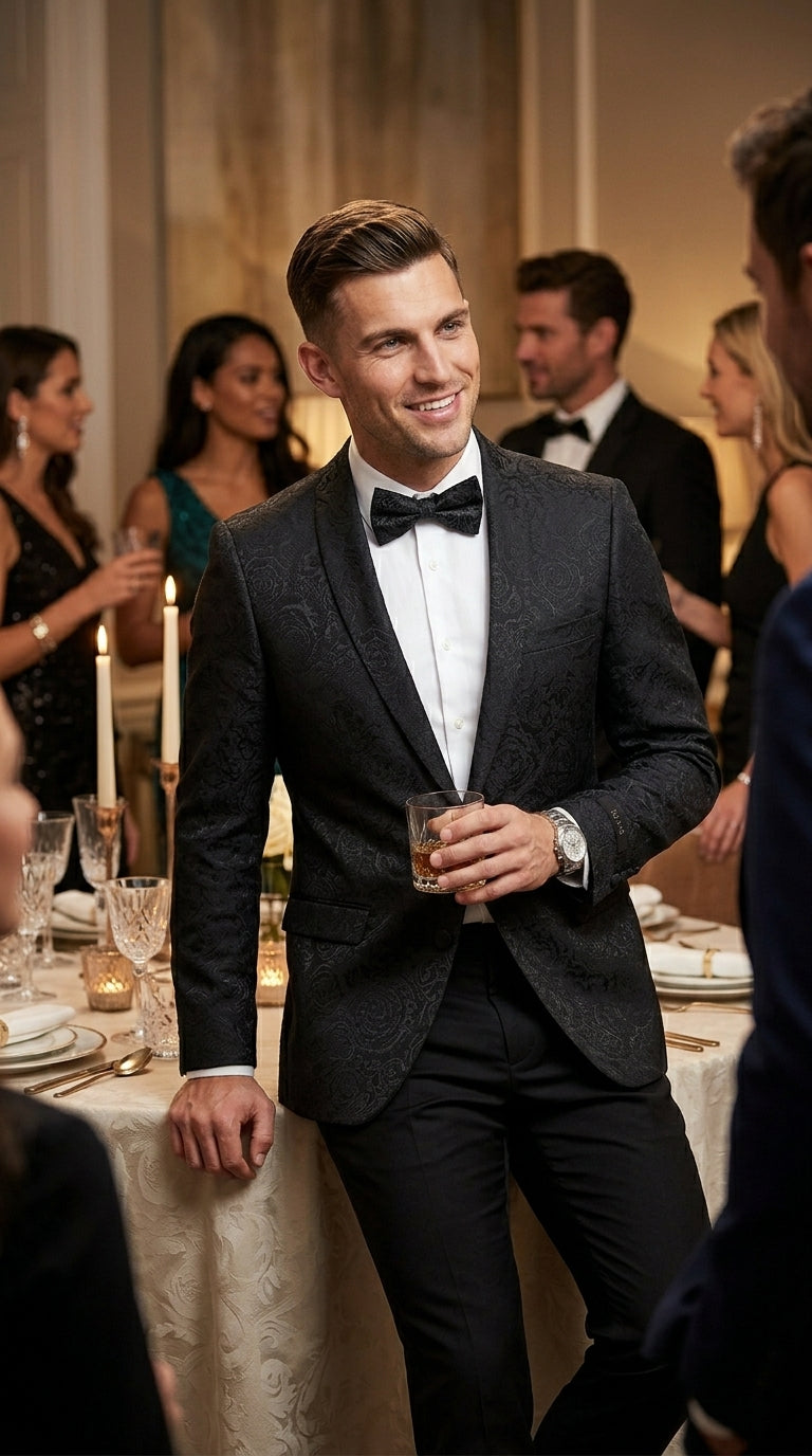 Men’s Black Floral Patterned Tuxedo Jacket, Formal Wedding Prom Dinner Blazer with Shawl Lapel