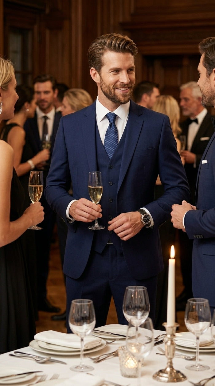 Men’s Navy 100% Wool Vested Tuxedo, Shawl Lapel Wedding Prom Formal Suit Set