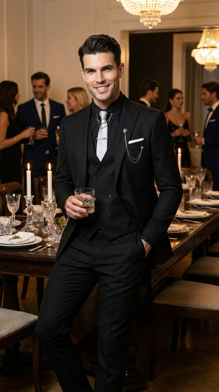 Men’s Black 3 Piece Suit with Double Breasted Vest, Formal Wedding Prom Business Dress Suit Set
