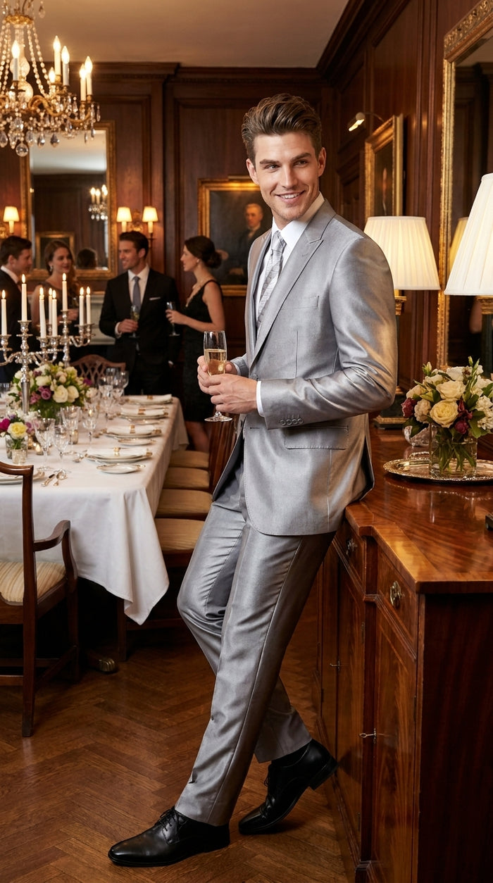 Men’s Silver Shiny Sharkskin 2 Button Suit, Peak Lapel Formal Wedding Prom Dress Suit Set