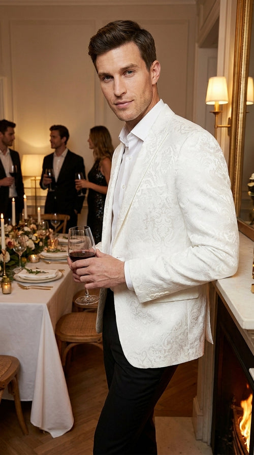 Men’s White Floral Satin Dinner Jacket – Shiny Paisley Tuxedo Blazer for Wedding, Prom, Stage & Party Wear
