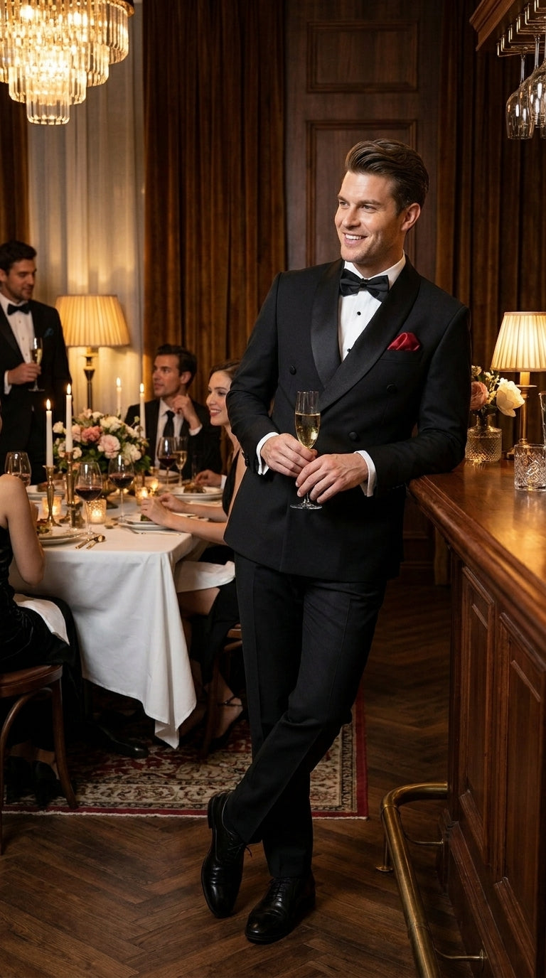 Men’s Black Six Button Double Breasted Tuxedo, 2 Piece Formal Wedding Suit