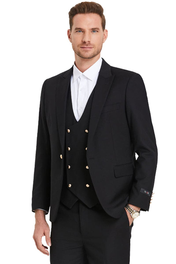 "Black Men's Vested Suit with Gold Buttons - One Button Peak Lapel"