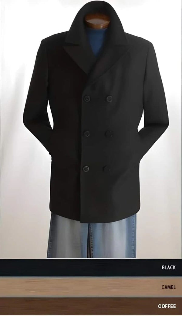 Mens Black Overcoat - Designer men's Wool Peacoat Sale Blend Overcoat Double Breasted Broad Lapels Side Pocket in 3 Color