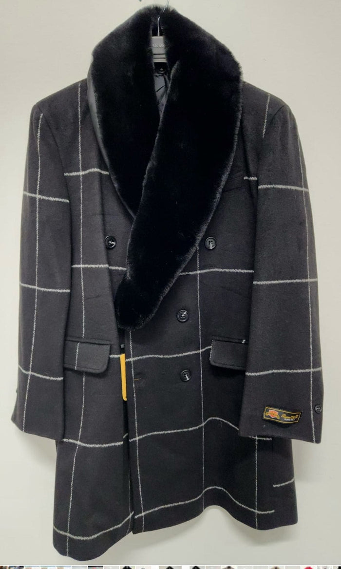 Mens Black Windowpane Wool Overcoat with Faux Fur Shawl Collar Double-Breasted Long Coat