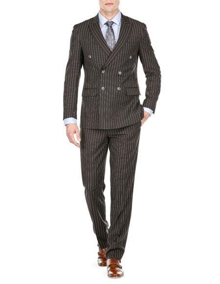 Double breasted Pinstripe Suit - Men's Double Breasted Suits Slim Fit Bold Stripe Black Peak Lapel Suits - AlbertoNardoniStore