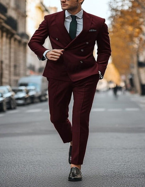 Slim Fit Double Breasted Suit Gold Buttons - Burgundy Suit - Designer Suits