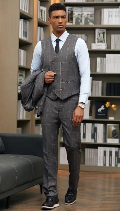 Men's Stacy Adams One Button Peak Lapel Suit with Double Breasted Vest in Charcoal Windowpane