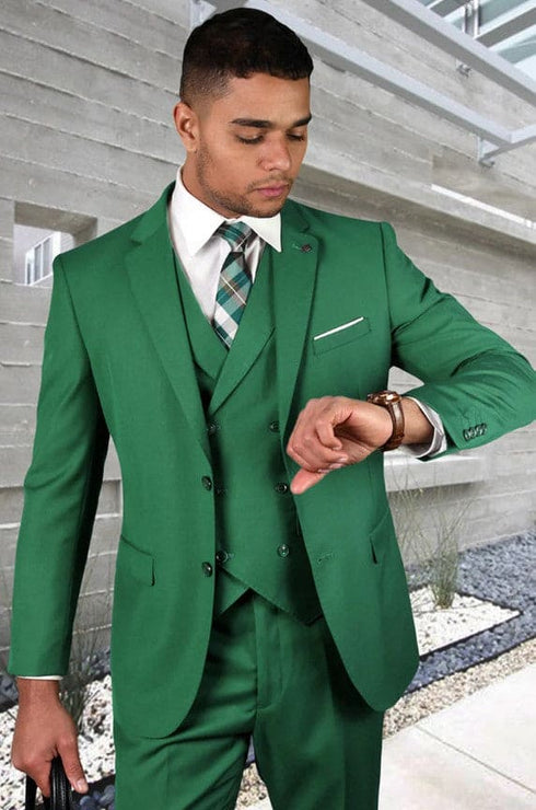 Men's Modern Fit Double Breasted Vest Notch Lapel Wool Wedding Suit in Green