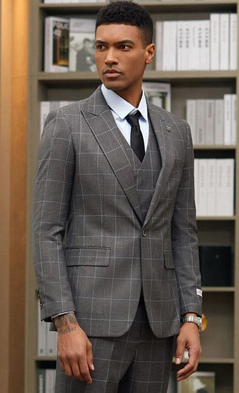 Men's Stacy Adams One Button Peak Lapel Suit with Double Breasted Vest in Charcoal Windowpane