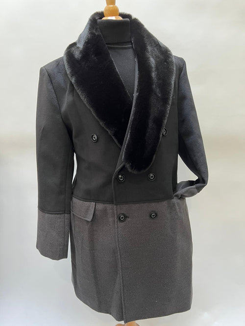 Men's double-breasted wool overcoat with faux fur shawl collar. Black with gray accents. Features two front pockets and six buttons.
