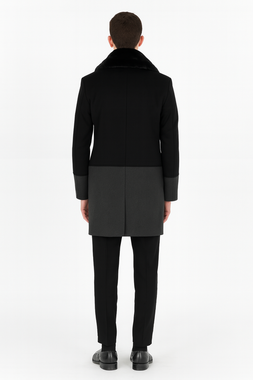 Men's double-breasted wool overcoat with faux fur shawl collar (black/gray). Tailored, straight silhouette.
