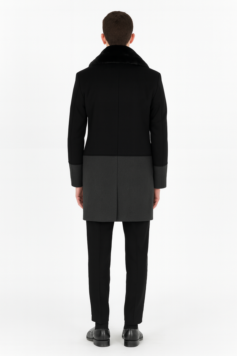 Men's double-breasted wool overcoat with faux fur shawl collar (black/gray). Tailored, straight silhouette.
