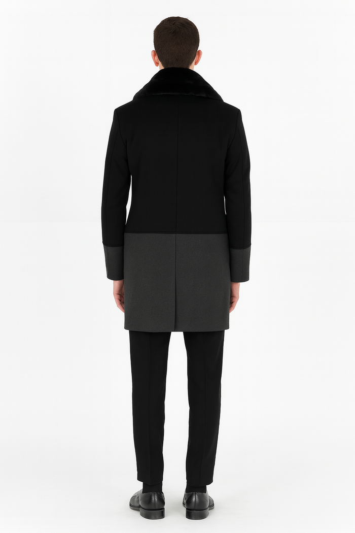Men's double-breasted wool overcoat with faux fur shawl collar (black/gray). Tailored, straight silhouette.
