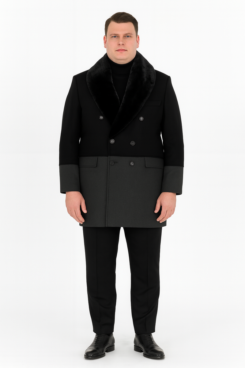 Men's double-breasted wool overcoat with faux fur shawl collar. Black upper, dark gray lower section. Structured shape, prominent button closures.
