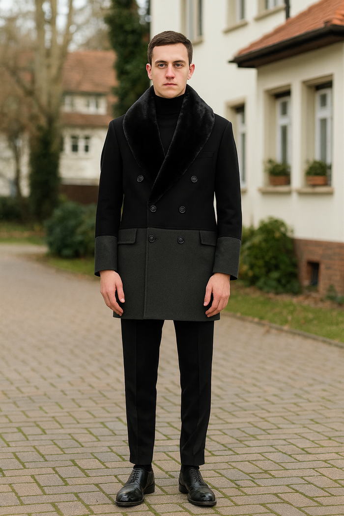 Men's black wool overcoat with faux fur shawl collar, mid-length. Features dark grey sleeve underlay, double-breasted button closure, and waist pockets. Structured design.
