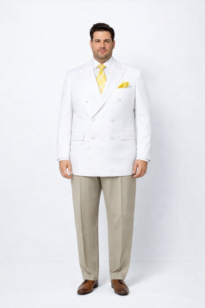 Elegant men's double-breasted blazer in white, featuring two rows of buttons, peak lapels, and a structured fit. Designed with two front pockets and made from a smooth, lightweight fabric.