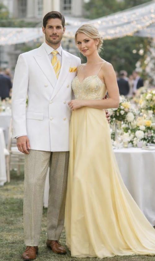 Elegant men’s double breasted blazer in white features a fitted silhouette with wide lapels, two rows of buttons, and a smooth fabric finish, emphasizing a formal appearance.