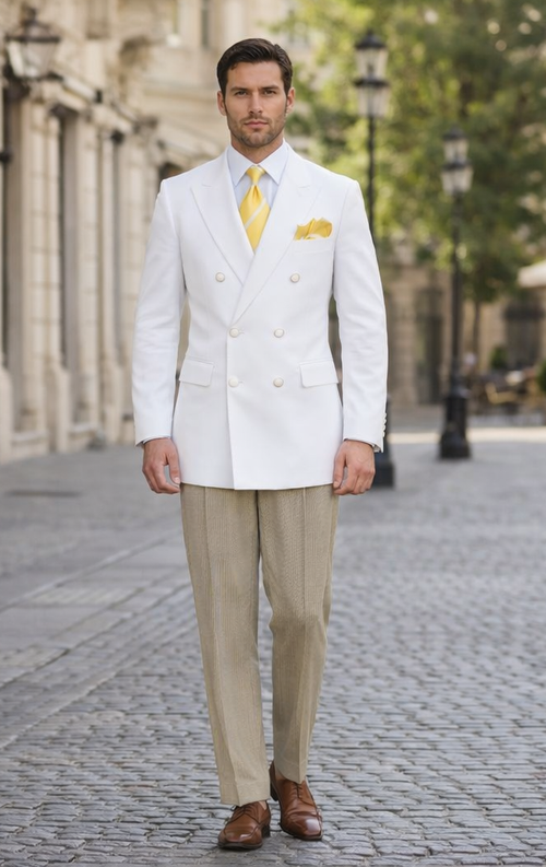 Elegant Men’s Double Breasted Blazer in White | Classic Fit Suit Jacket