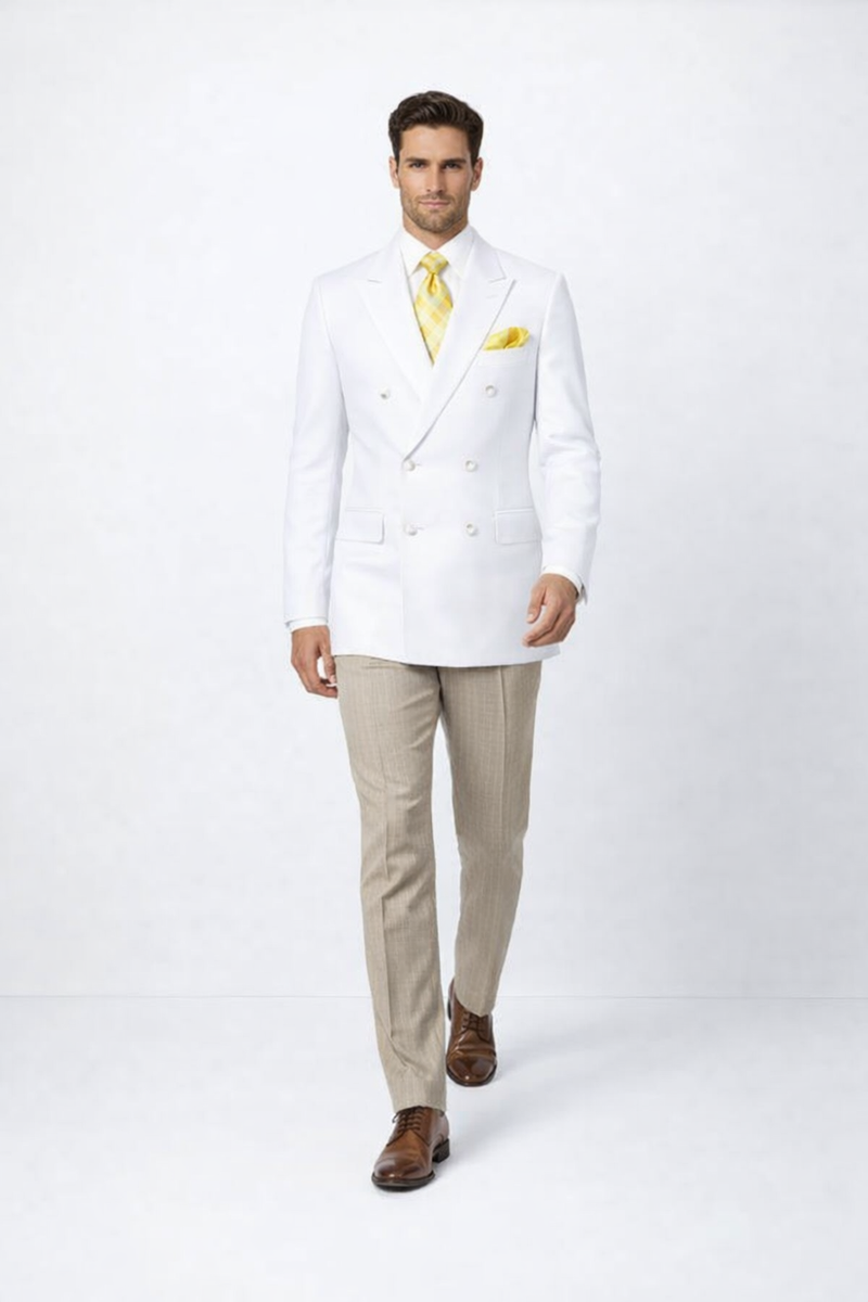Elegant men’s double-breasted blazer in white features a structured silhouette with two rows of buttons at the front. It has a smooth fabric texture and notched lapels. The blazer is complemented with two side pockets.