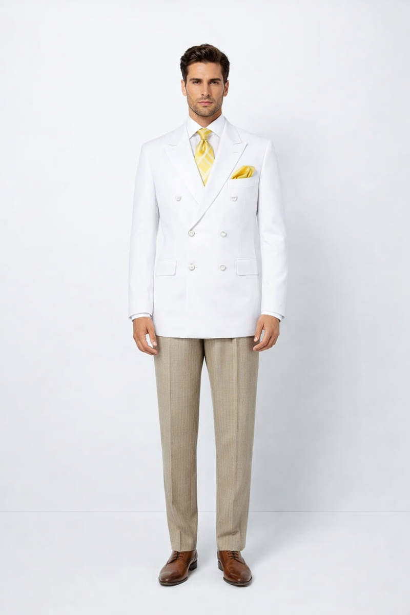 Elegant men’s double-breasted blazer in white featuring a structured silhouette with a notched lapel, two rows of buttons, and a front pocket for accents.