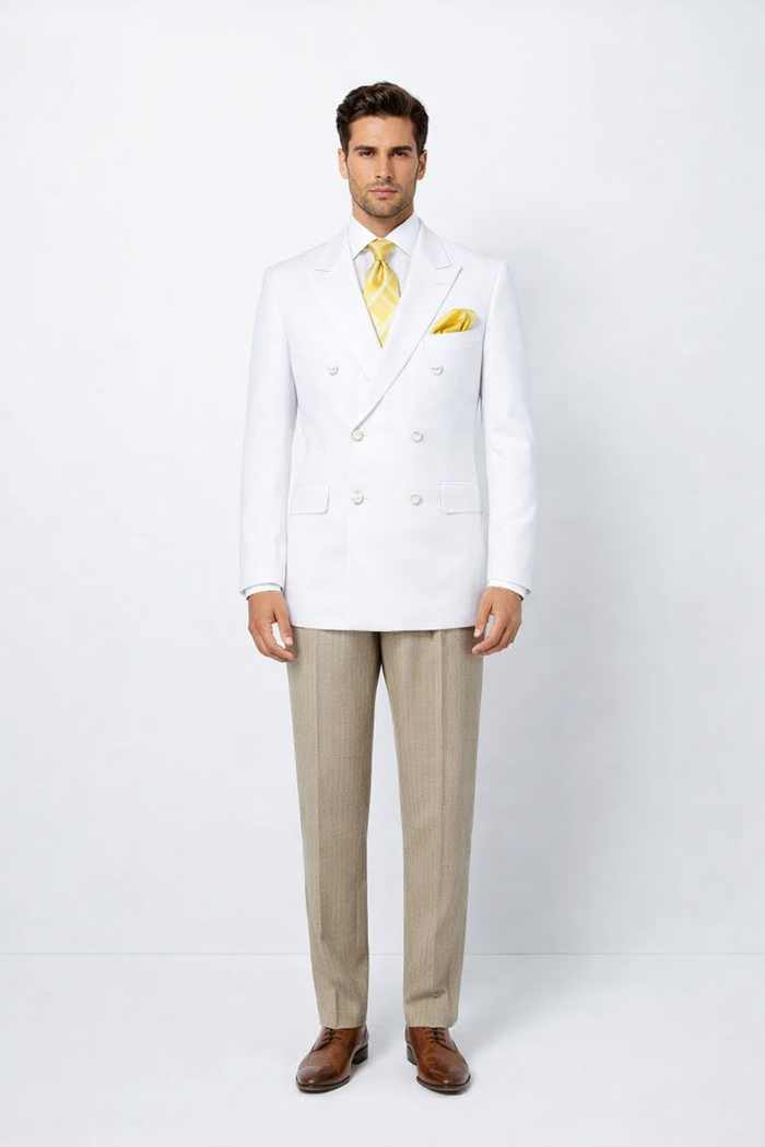 Elegant men’s double-breasted blazer in white featuring a structured silhouette with a notched lapel, two rows of buttons, and a front pocket for accents.