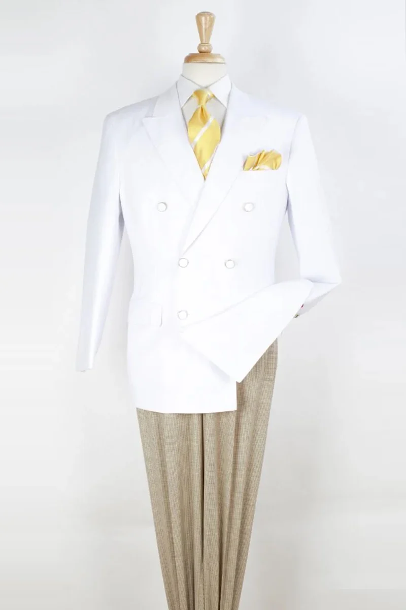 Elegant men’s double-breasted blazer in white features a tailored fit with broad lapels, six front buttons, and two side pockets, made from a smooth fabric.