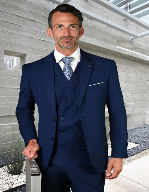 Cobalt Blue Suit - Men's Designer Modern Fit Double Breasted Vest Wool Sapphire Blue Wedding Suit