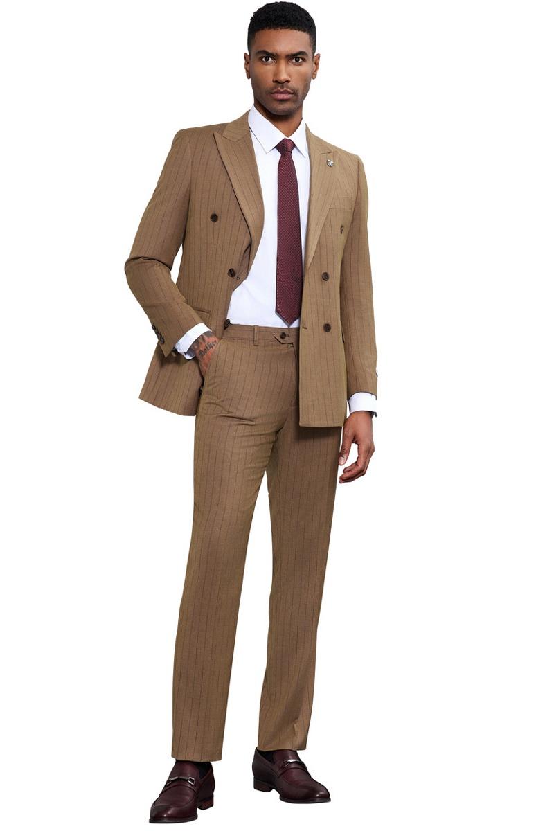 Stacy Adams camel pinstripe suit: double-breasted blazer with sharp lapels, vertical pinstripes, and matching slim-fit trousers. Warm camel tone, smooth fabric. Styled with a white shirt and maroon tie.

