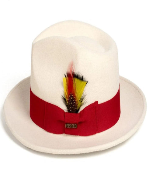 White and Red Dress Hat 1920s Fedora Style - Mens Classic Wool Fedora Dress Hat in White and Red