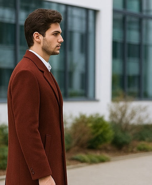 Men's Dress Coat Full Length Wool Dress Top Coat / Overcoat in Burgundy Overcoat