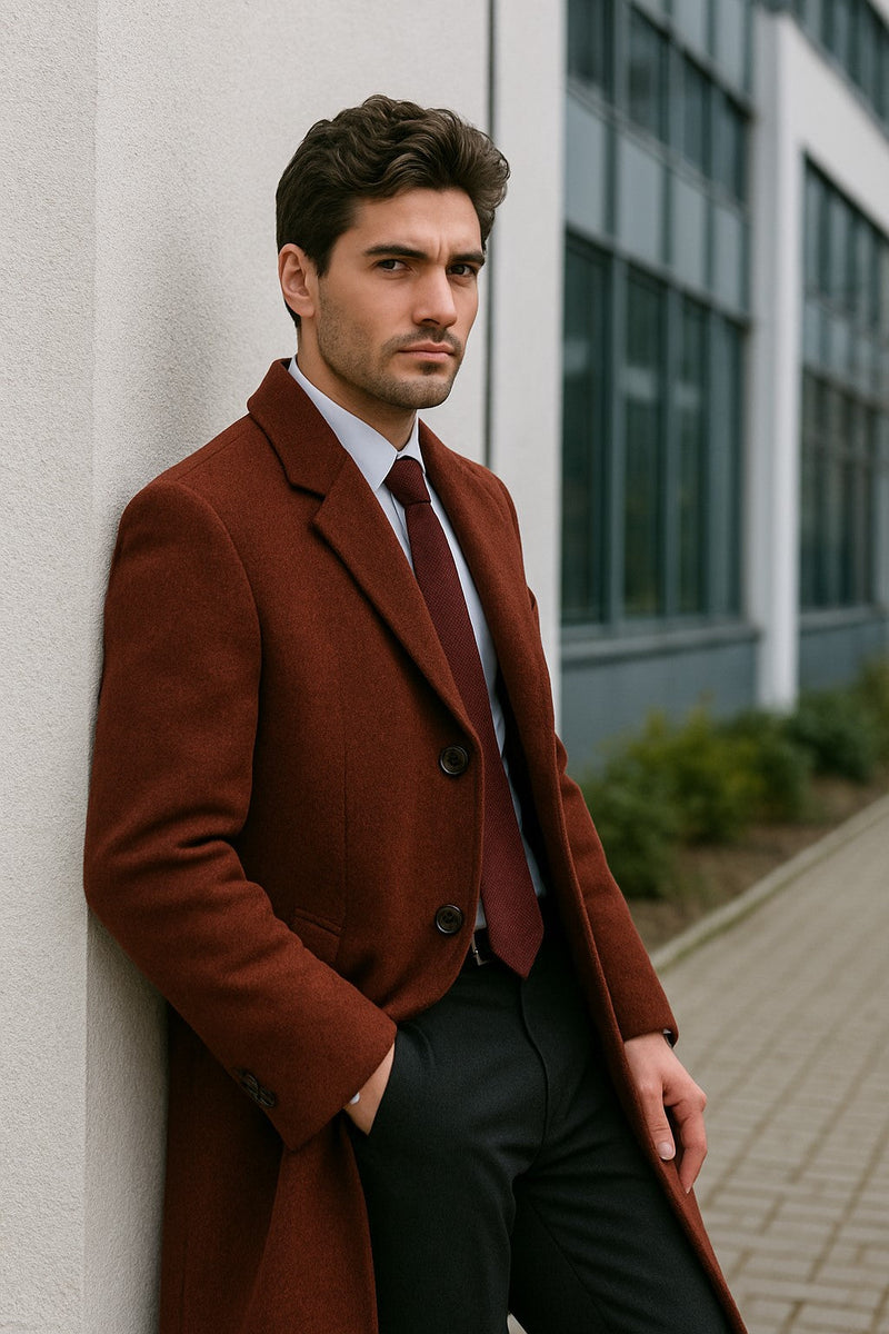 Men's Dress Coat Full Length Wool Dress Top Coat / Overcoat in Burgundy Overcoat