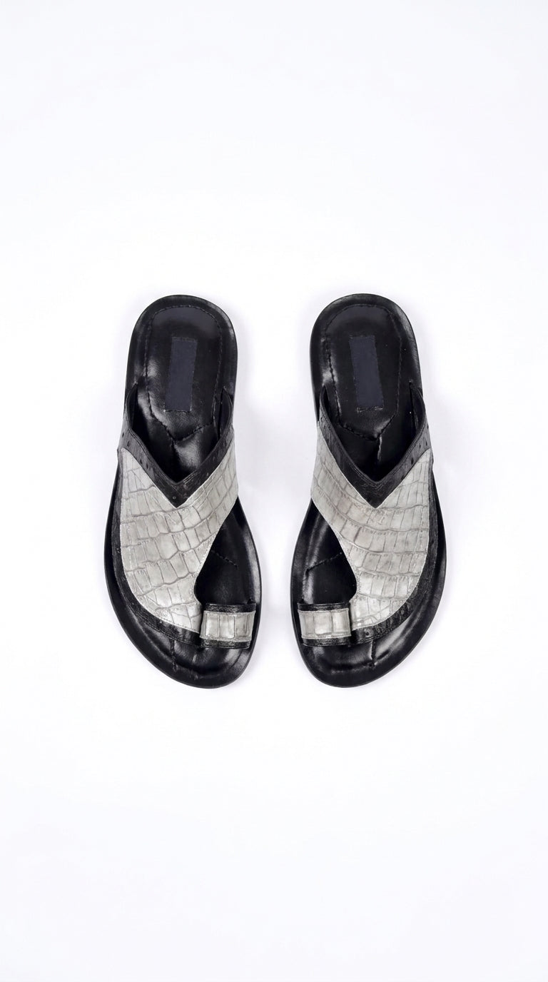 Corrente 5831 Men’s Exotic Crocodile Sandals – Black & Grey