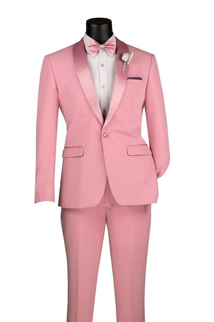 Dusty Rose Pink Tuxedo for Men â€“ One Button Satin Lapel Wedding Prom Suit with Bow Tie