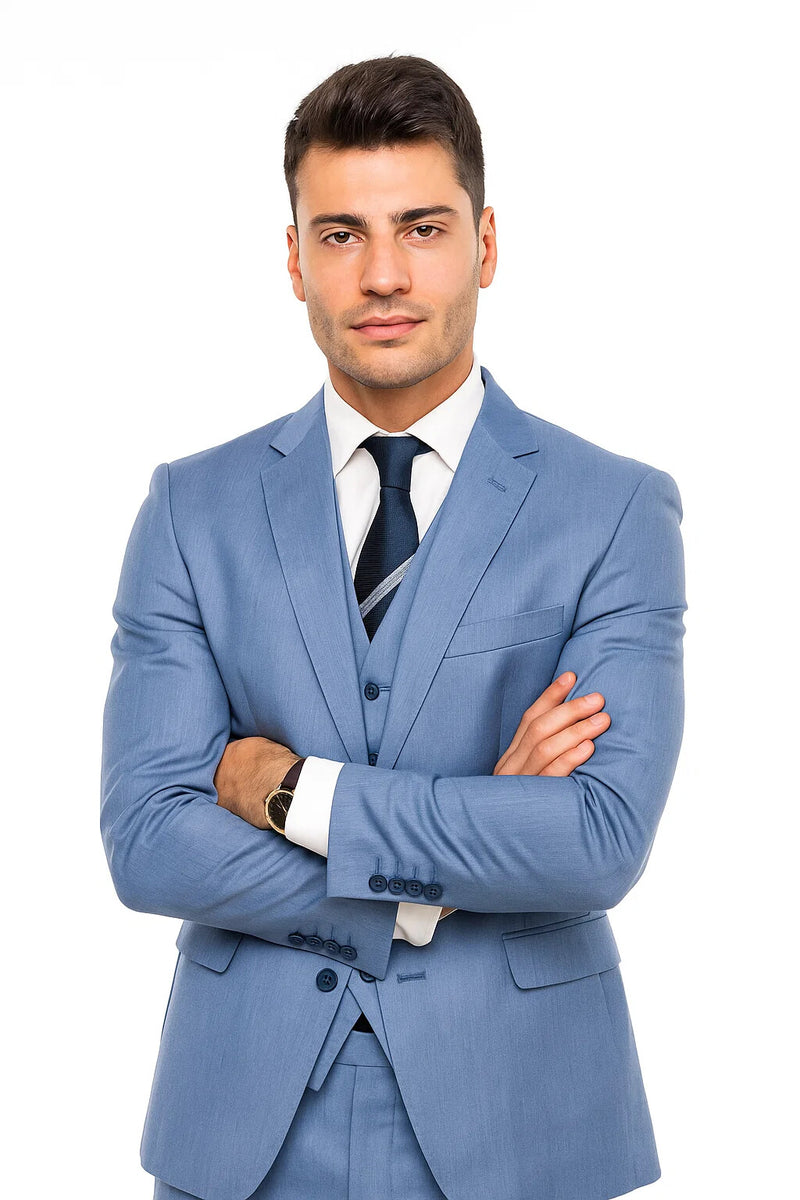 Sharkskin Textured 3-Piece Steel Blue - Dusty Blue Suit