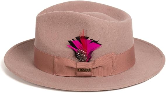 Gangster 100% Australian Wool Crushable Mens Fedora Hat - Removable Feather Gangster Dusty Pink Mens Fedora Hat