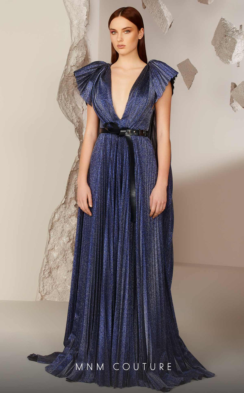 MNM Couture E0018 Gold Metallic Pleated V-Neck Evening Gown