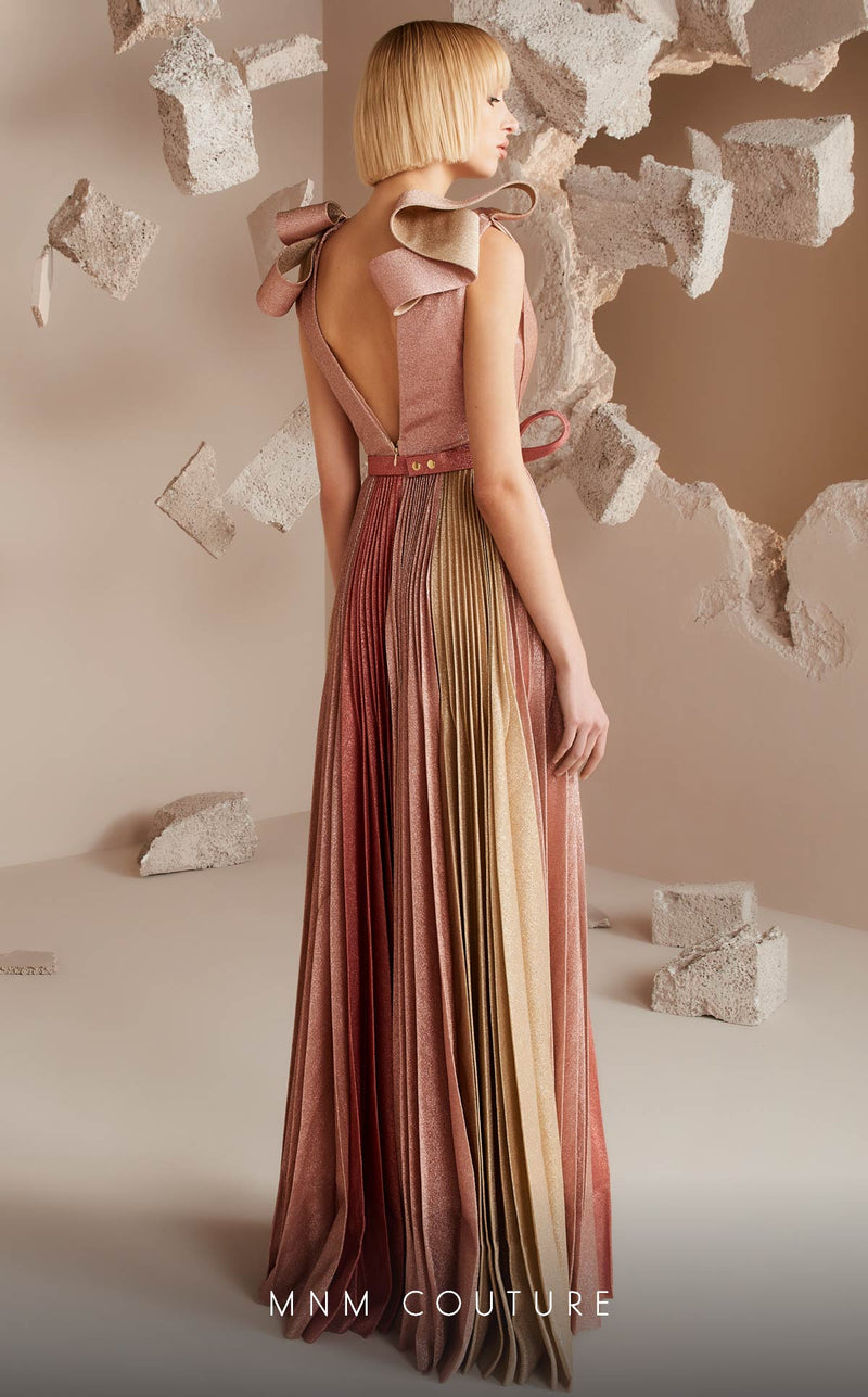 MNM Couture E0028 Mint Metallic Pleated V-Neck Gown with Belt
