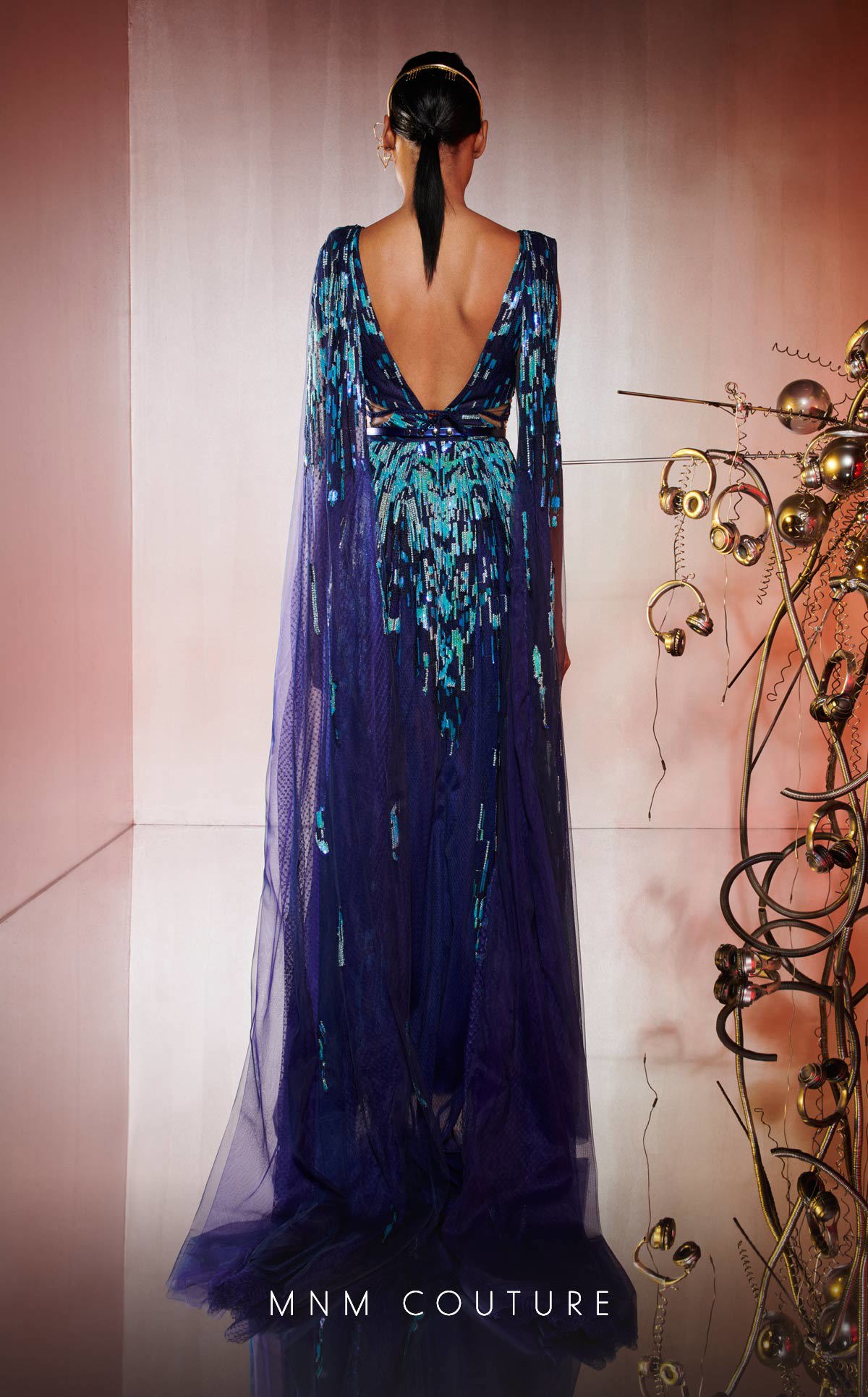 MNM Couture E0044 Blue Embroidered V-Neck Gown with Flared Skirt