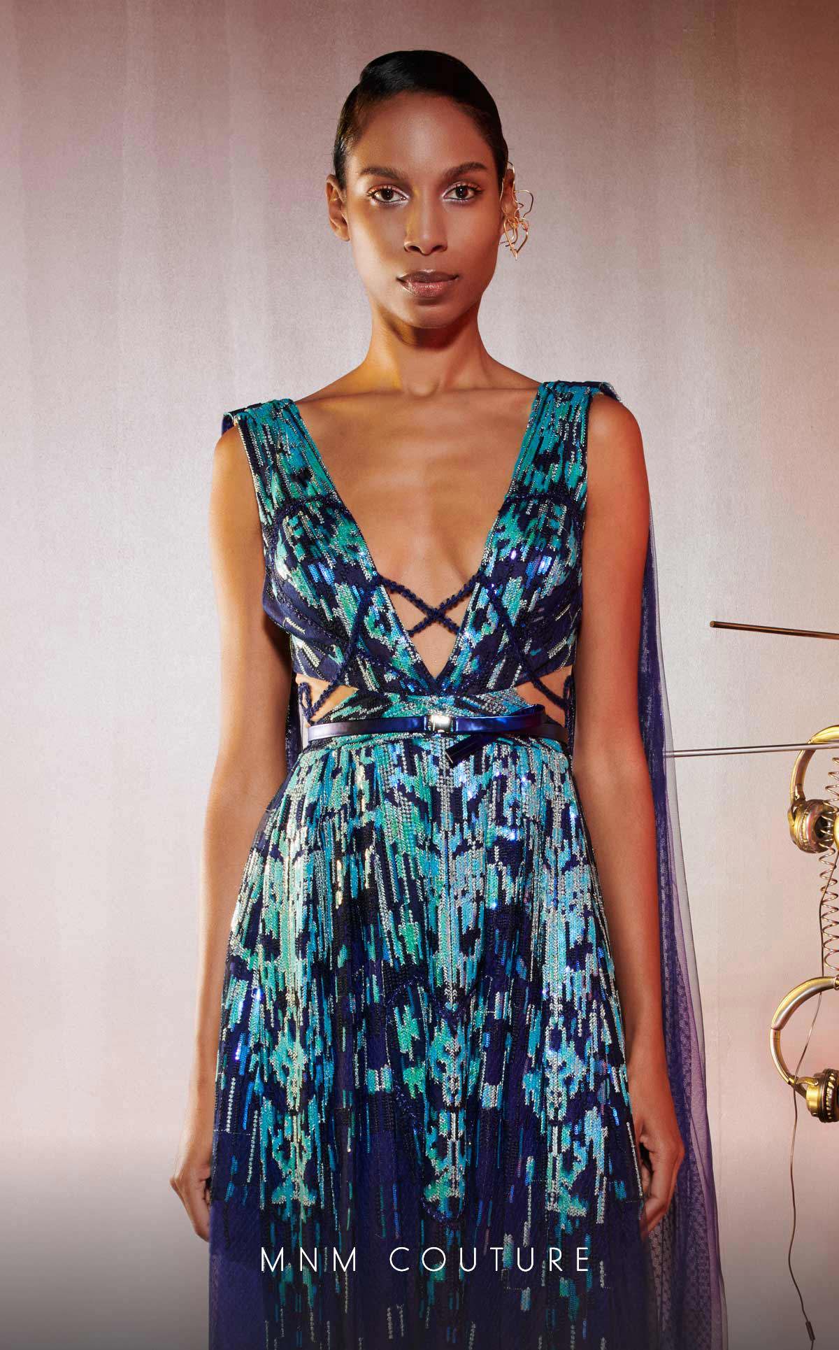 MNM Couture E0044 Blue Embroidered V-Neck Gown with Flared Skirt