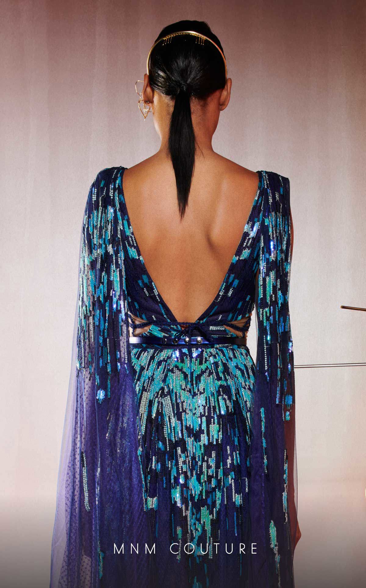 MNM Couture E0044 Blue Embroidered V-Neck Gown with Flared Skirt